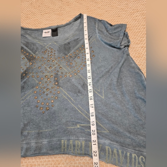 HARLEY DAVIDSON Multi-Stud V Neck Short Sleeve Sharkbite Hem Green Tee Sz Large - Picture 7 of 8
